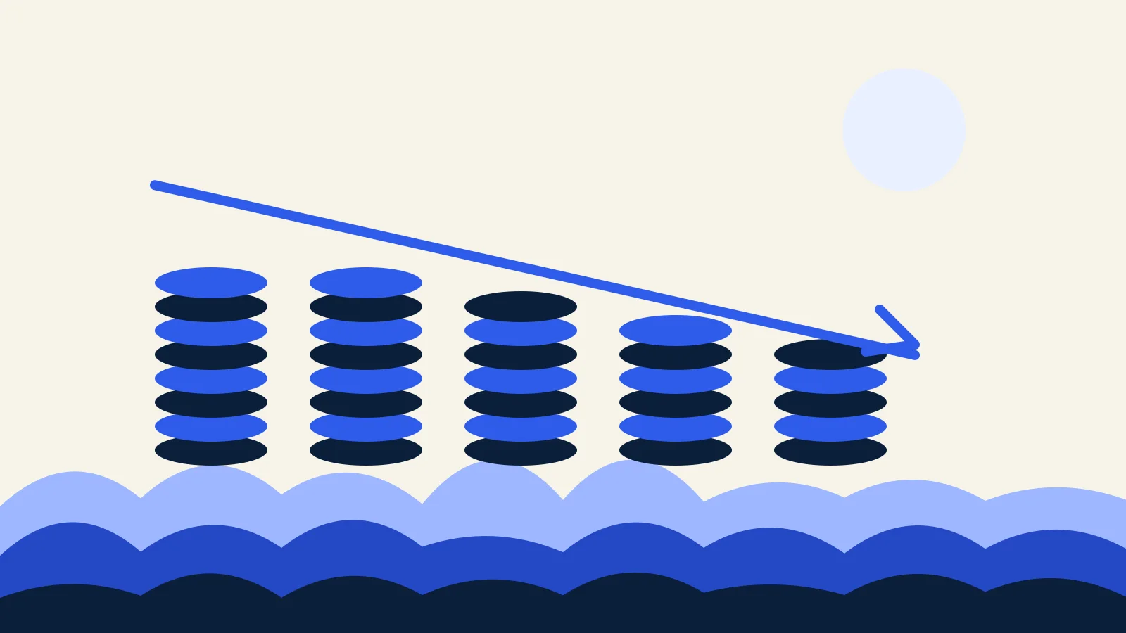 Abstract navy and blue illustration of two descending bars, one tall and one shorter, flowing into a slowly shrinking pool of blue light that stands for a cash balance.